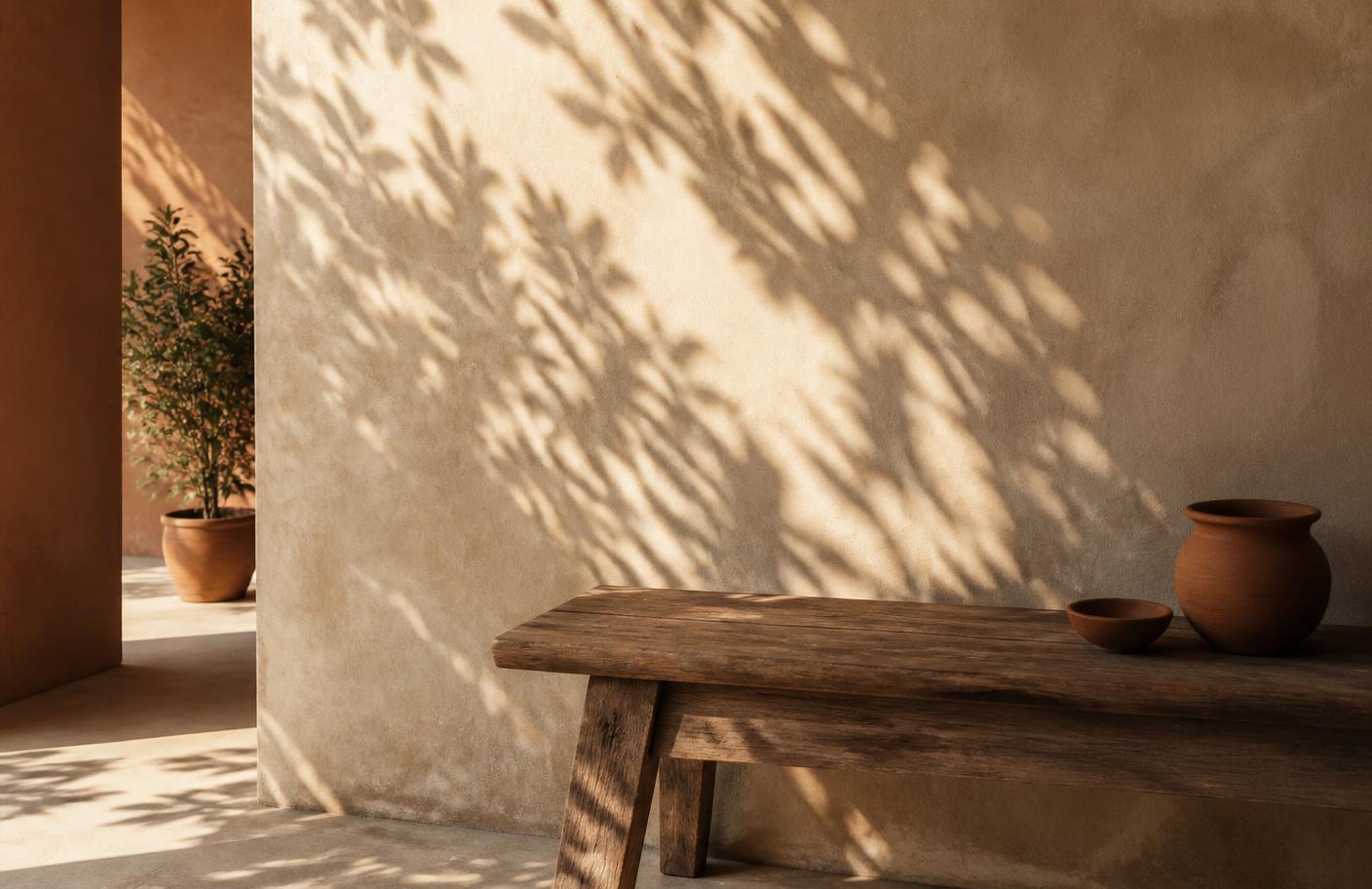 Banc en bois et ombres de feuillage sur un mur d'argile ensoleillé